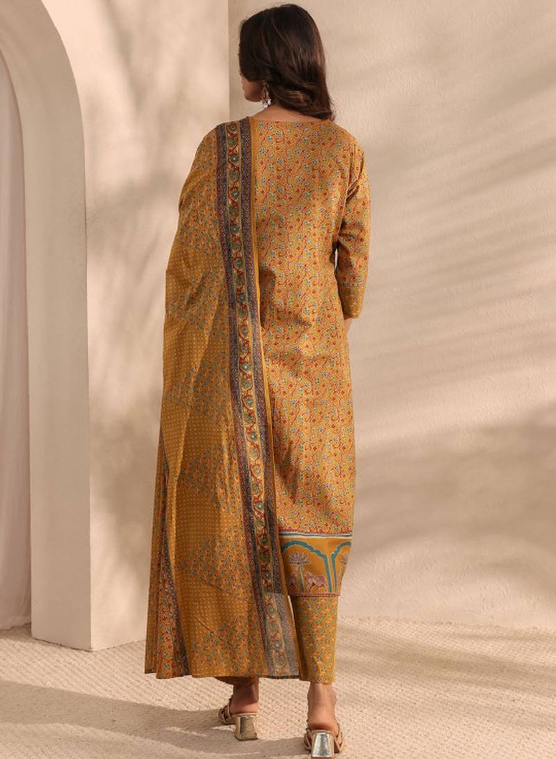 Mustard ajrakh printed cotton a-line suit set with dupatta