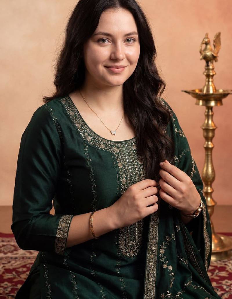 Women ethnic motifs embroidered regular thread work kurta with trousers & with dupatta
