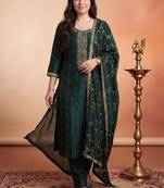 Women ethnic motifs embroidered regular thread work kurta with trousers & with dupatta