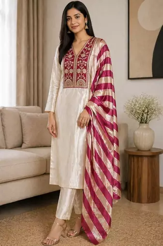 Women ethnic motifs embroidered regular thread work kurta with trousers & with dupatta