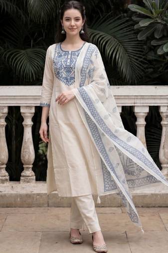 Women ethnic motifs embroidered regular mirror work pure cotton kurta with trousers & with dupatta