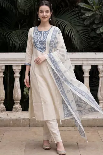 Women ethnic motifs embroidered regular mirror work pure cotton kurta with trousers & with dupatta