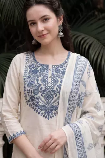 Women ethnic motifs embroidered regular mirror work pure cotton kurta with trousers & with dupatta