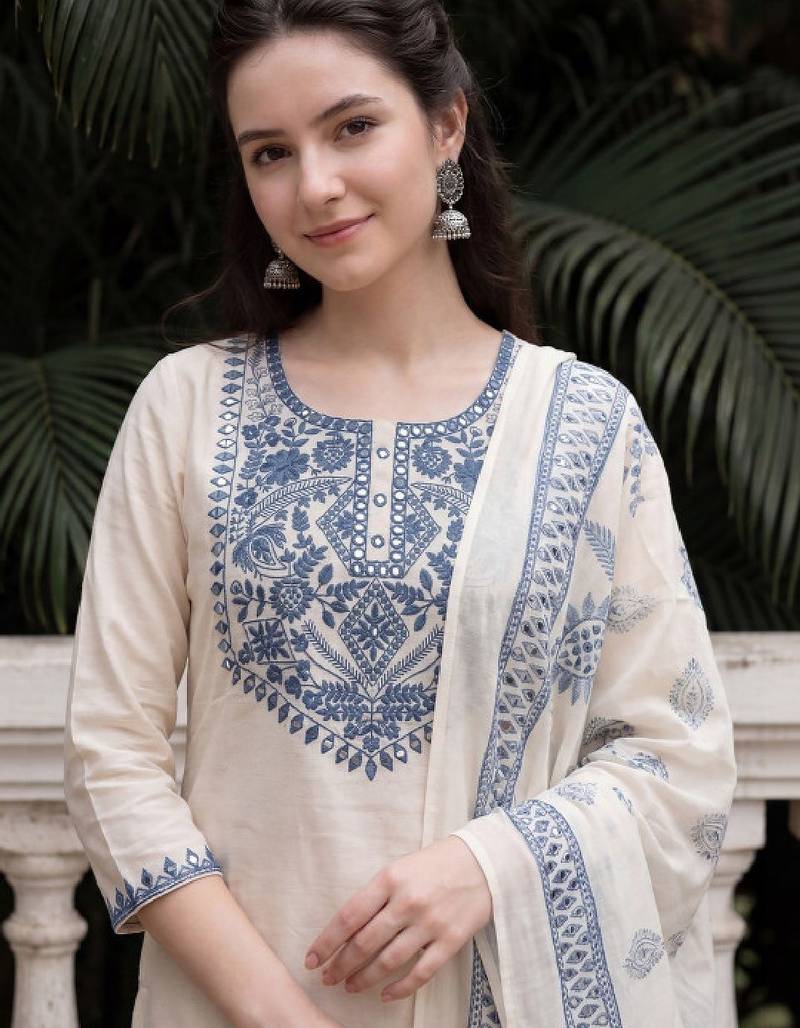 Women ethnic motifs embroidered regular mirror work pure cotton kurta with trousers & with dupatta