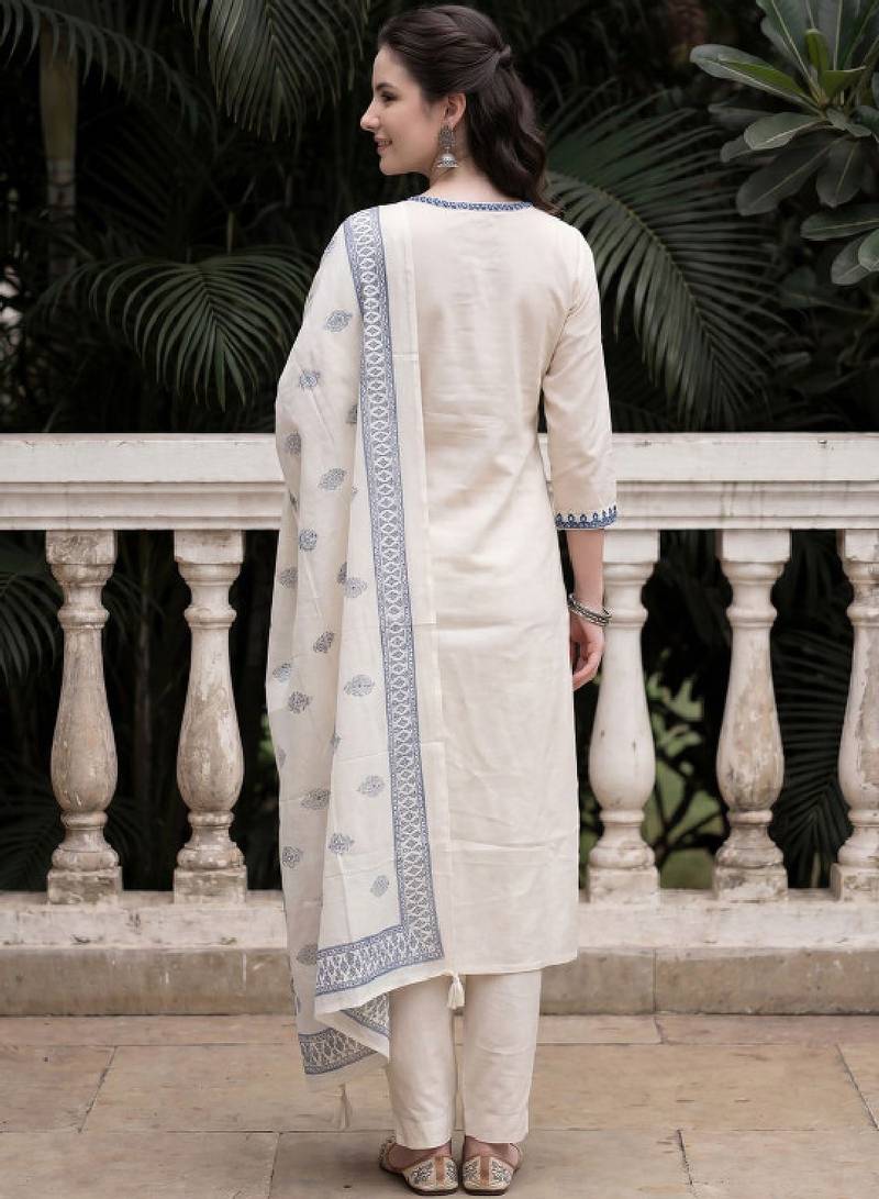 Women ethnic motifs embroidered regular mirror work pure cotton kurta with trousers & with dupatta