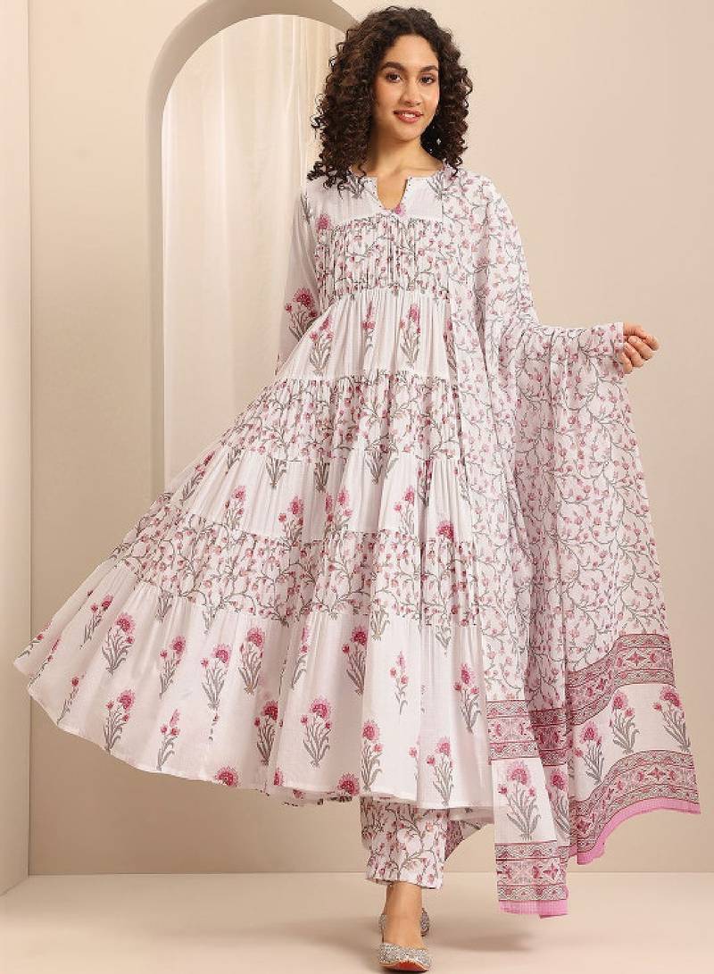 Women floral printed tiered kurta with trousers & with dupatta