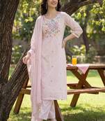 Women floral embroidered regular thread work pure cotton kurta with trousers & with dupatta