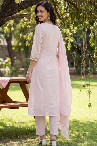 Women floral embroidered regular thread work pure cotton kurta with trousers & with dupatta