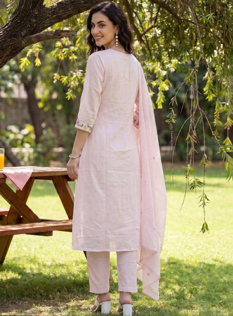 Women floral embroidered regular thread work pure cotton kurta with trousers & with dupatta
