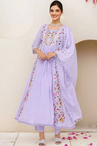 Women ethnic motifs embroidered empire thread work pure cotton kurta with trousers & with dupatta