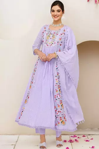 Women ethnic motifs embroidered empire thread work pure cotton kurta with trousers & with dupatta