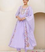 Women ethnic motifs embroidered empire thread work pure cotton kurta with trousers & with dupatta