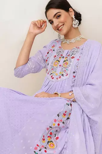 Women ethnic motifs embroidered empire thread work pure cotton kurta with trousers & with dupatta