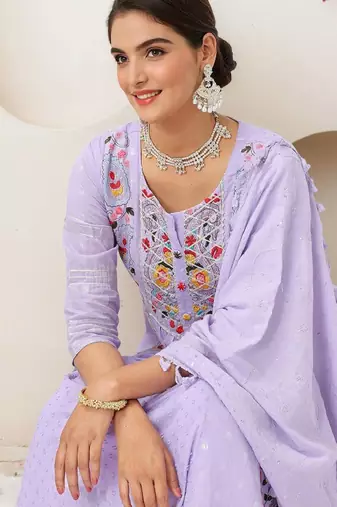 Women ethnic motifs embroidered empire thread work pure cotton kurta with trousers & with dupatta