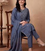 Women ethnic motifs embroidered regular mirror work pure cotton kurta with trousers & with dupatta
