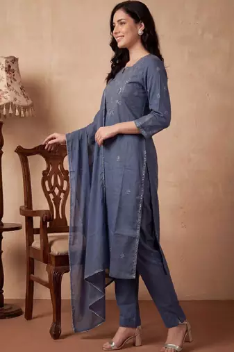 Women ethnic motifs embroidered regular mirror work pure cotton kurta with trousers & with dupatta