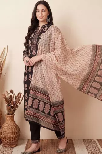 Women ethnic motifs printed regular pure cotton kurta with trousers & with dupatta
