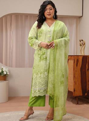 Libas plus size pastel green schiffli embroidered cotton suit set 1