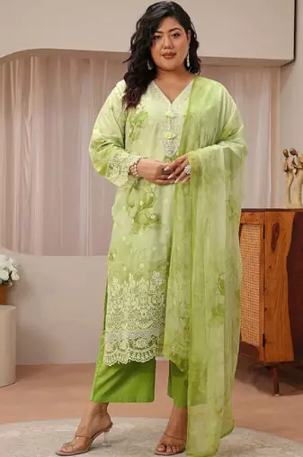 Libas plus size pastel green schiffli embroidered cotton suit set