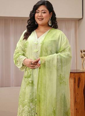 Libas plus size pastel green schiffli embroidered cotton suit set 2