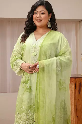 Libas plus size pastel green schiffli embroidered cotton suit set