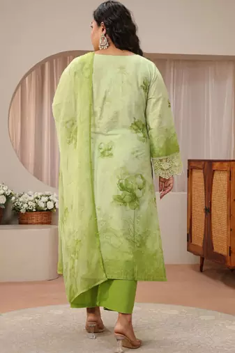 Libas plus size pastel green schiffli embroidered cotton suit set