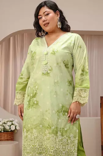 Libas plus size pastel green schiffli embroidered cotton suit set