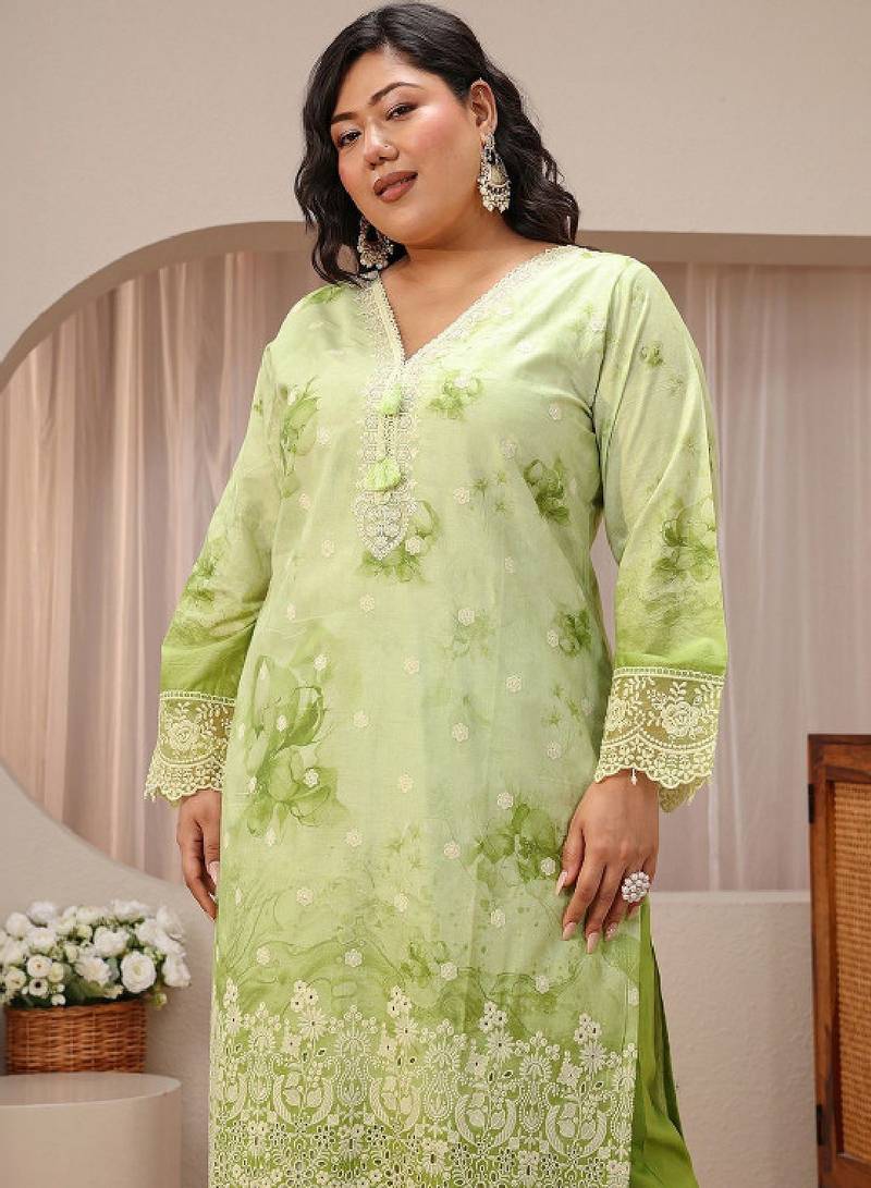 Libas plus size pastel green schiffli embroidered cotton suit set