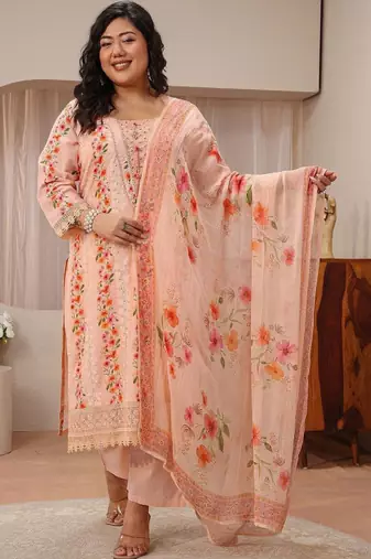 Libas plus size peach floral schiffli embroidered cotton suit set
