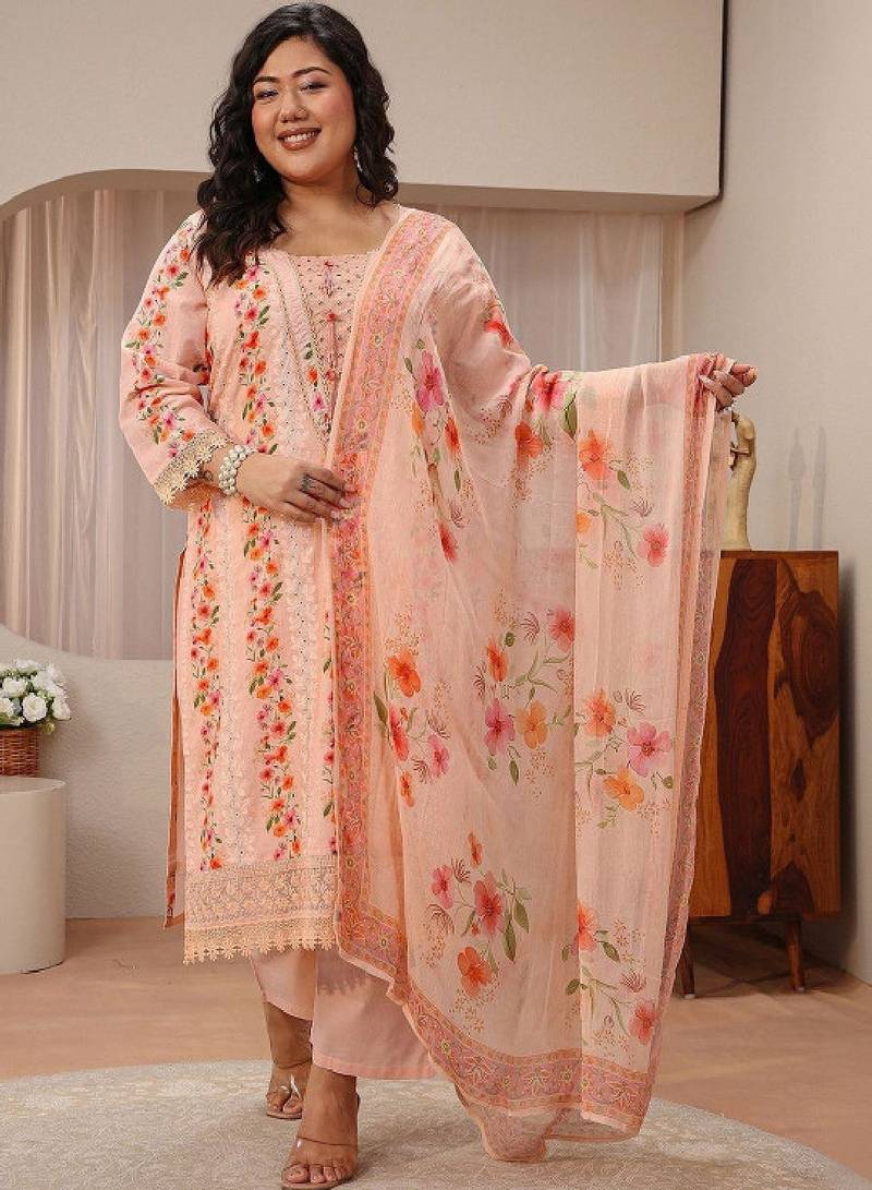 Libas plus size peach floral schiffli embroidered cotton suit set