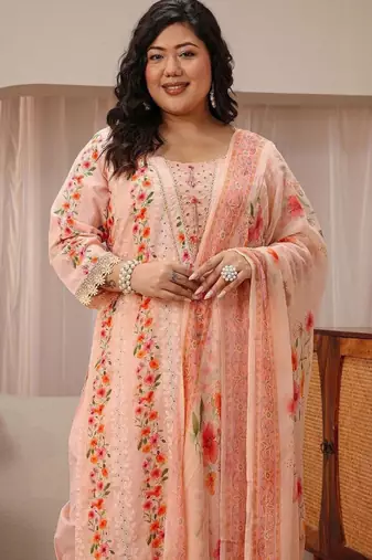 Libas plus size peach floral schiffli embroidered cotton suit set