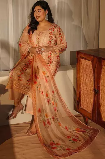 Libas plus size peach floral schiffli embroidered cotton suit set
