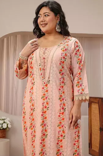 Libas plus size peach floral schiffli embroidered cotton suit set