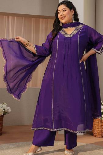 Libas plus size purple embellished a-line suit set