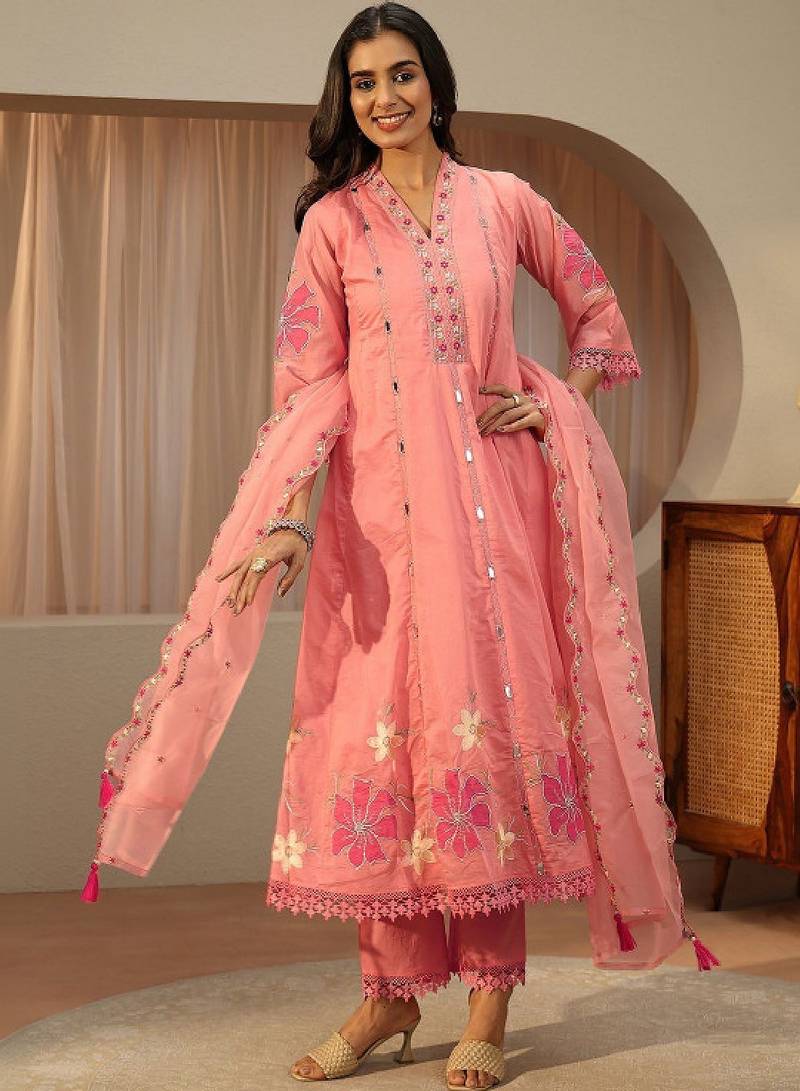 Women floral embroidered regular mirror work kurta with trousers & with dupatta