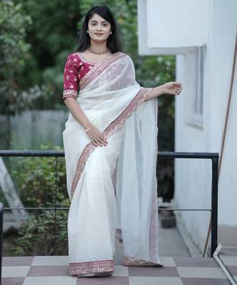 Cream banarasi silk embroidered sequins work heavy look ethnic saree with blouse 1