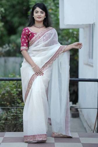 Cream banarasi silk embroidered sequins work heavy look ethnic saree with blouse