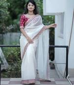 Cream banarasi silk embroidered sequins work heavy look ethnic saree with blouse