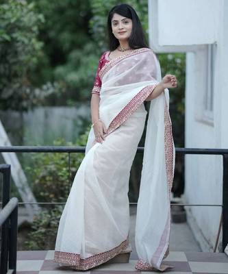Cream banarasi silk embroidered sequins work heavy look ethnic saree with blouse 3