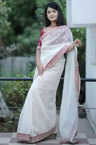 Cream banarasi silk embroidered sequins work heavy look ethnic saree with blouse