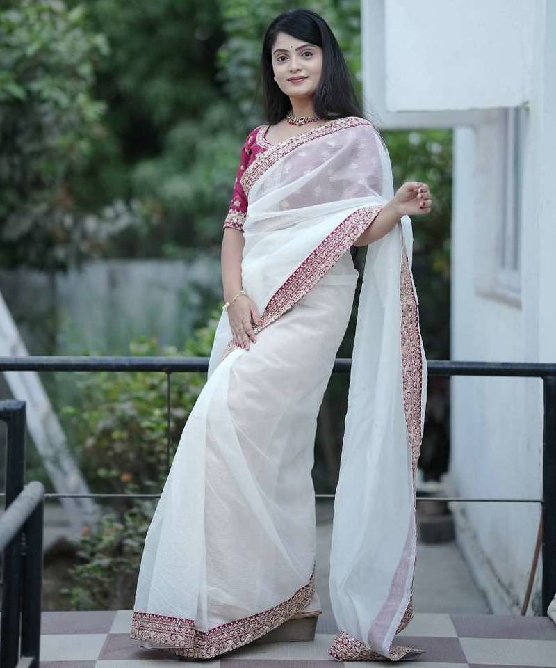 Cream banarasi silk embroidered sequins work heavy look ethnic saree with blouse