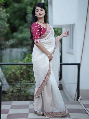 Cream banarasi silk embroidered sequins work heavy look ethnic saree with blouse 4