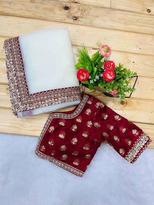 Cream banarasi silk embroidered sequins work heavy look ethnic saree with blouse 5