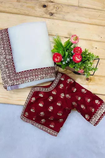 Cream banarasi silk embroidered sequins work heavy look ethnic saree with blouse