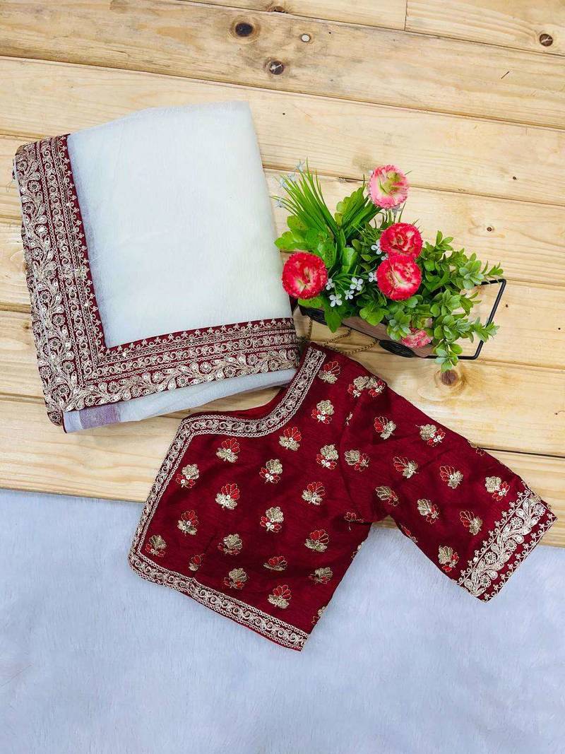 Cream banarasi silk embroidered sequins work heavy look ethnic saree with blouse