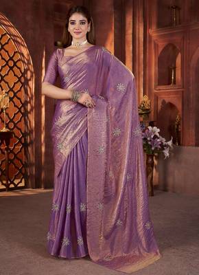 Purple satin embroidered hand embroidery heavy look ethnic saree with blouse 1