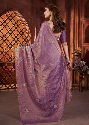 Purple satin embroidered hand embroidery heavy look ethnic saree with blouse 2