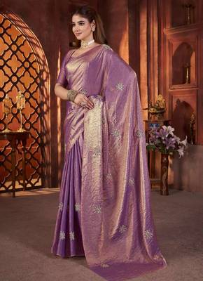 Purple satin embroidered hand embroidery heavy look ethnic saree with blouse 3