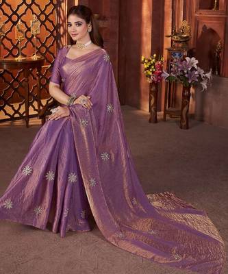 Purple satin embroidered hand embroidery heavy look ethnic saree with blouse 4