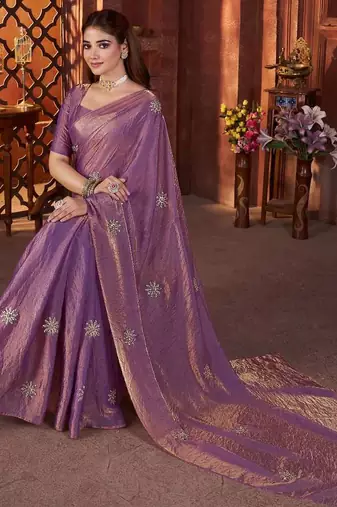 Purple satin embroidered hand embroidery heavy look ethnic saree with blouse